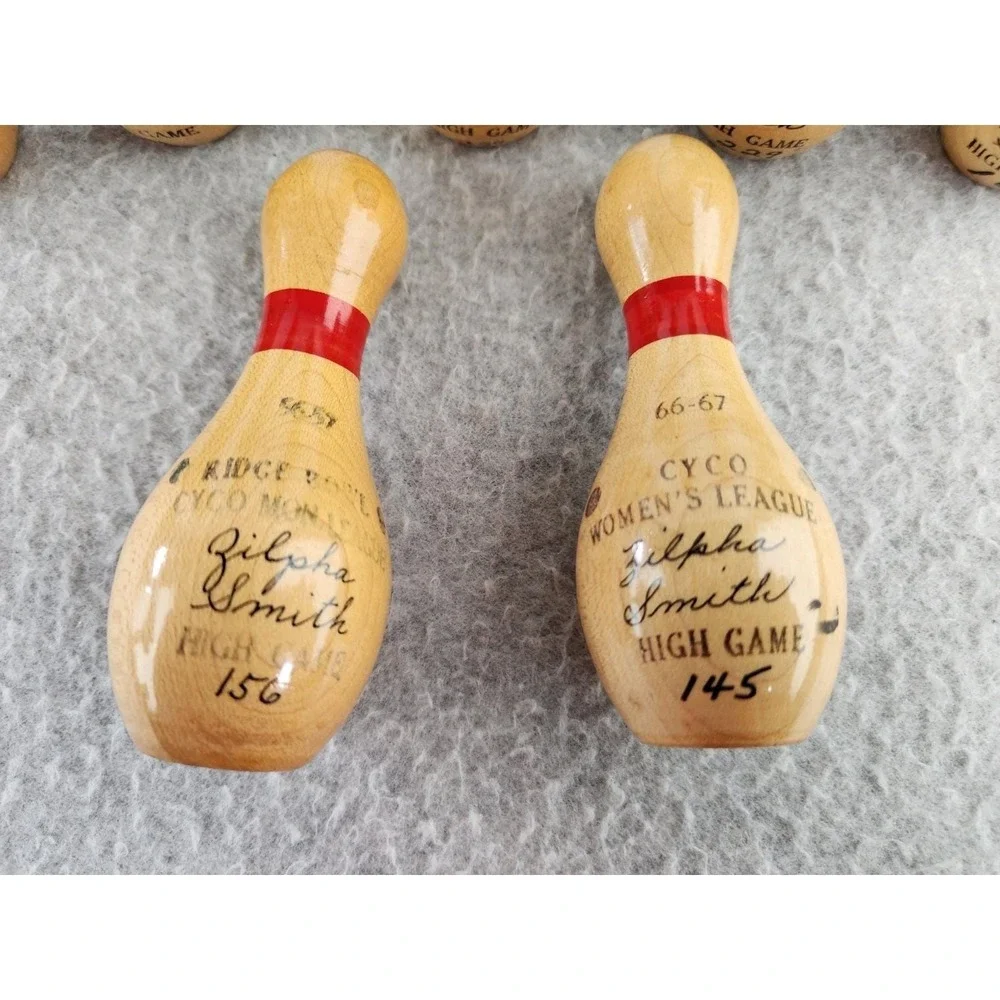 Vintage Miniature Wood lacquered 4 inch bowling pin Trophy League 1960s Pins Lot
